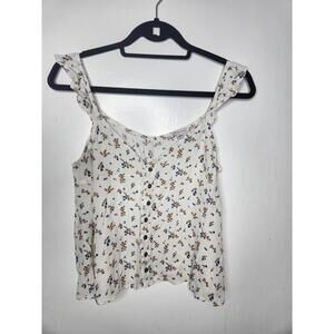American Eagle Tank Top Womens Medium White Floral Button Front Ruffle Straps